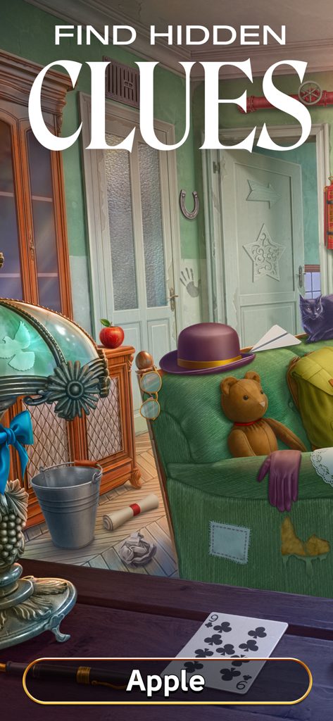 Captura de pantalla del juego June's Journey que muestra una escena de puzle de objetos ocultos donde el jugador debe encontrar pistas como una manzana