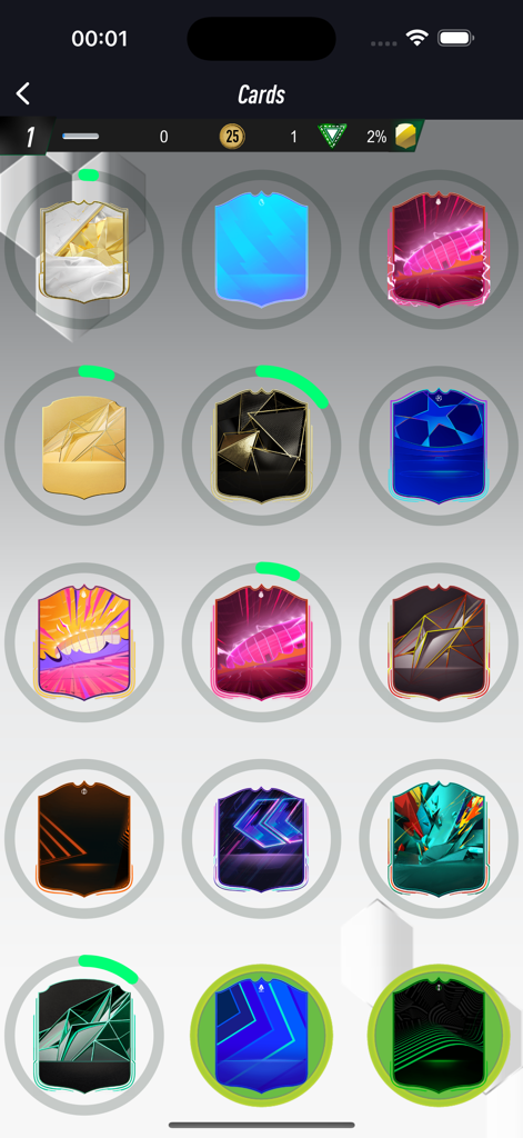 PACFUT 25 - A gallery screen in the PACFUT 25 app displaying a collection of various colorful soccer player card designs