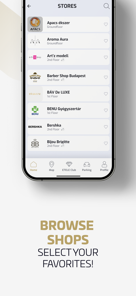 Etele Plaza - Etele Plaza app screen displaying the shop directory and favorite selection feature