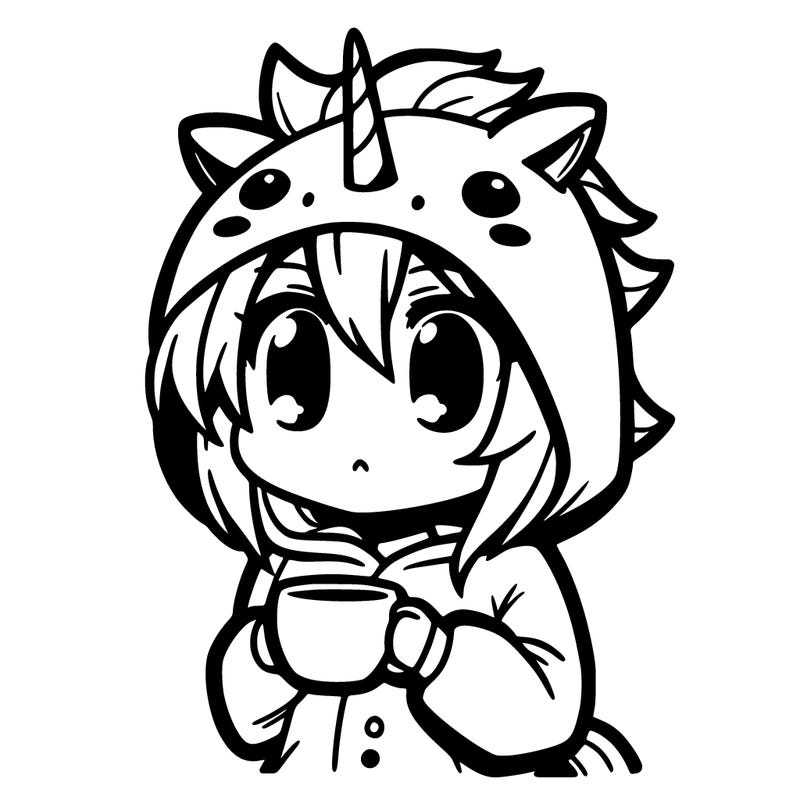manga character in a unicorn onesie with a cup of tea