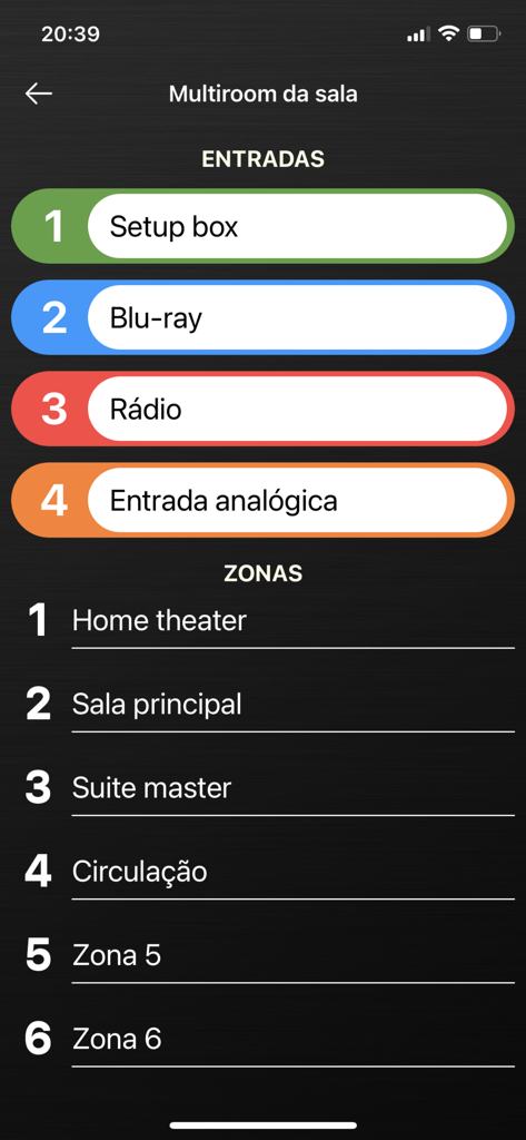 Multiroom - Interface of the Multiroom app showing a list of audio inputs and different speaker zones for home audio control