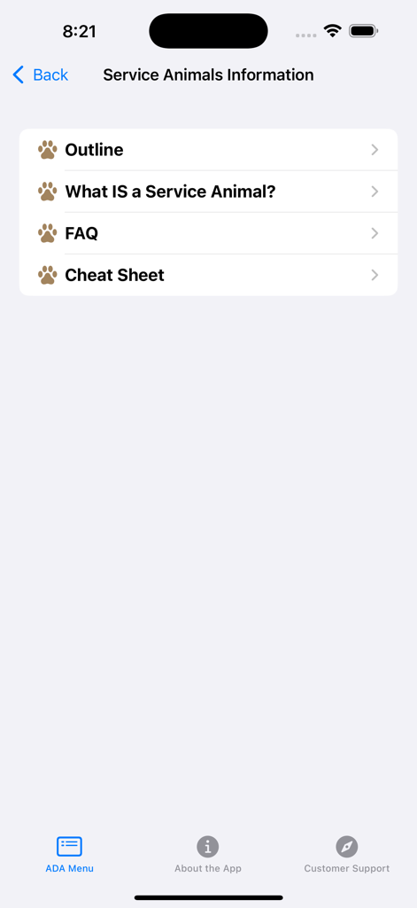 Americans w/ Disabilities Act - Schermata del menu Informazioni sugli animali di servizio con opzioni per Outline What IS a Service Animal FAQ e Cheat Sheet con icone di zampa.