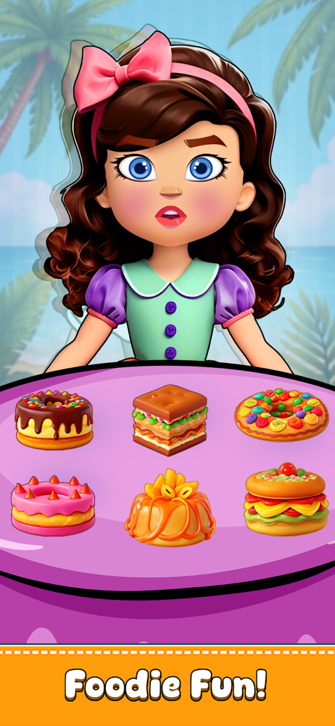 Eating Food Games: ASMR Games - Una chica de dibujos animados en una mesa con varios bocadillos coloridos, incluyendo donas y hamburguesas, en un juego divertido de comida