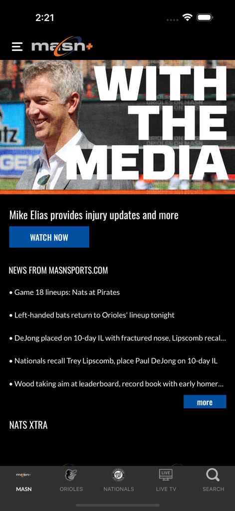 MASN mobile app home screen showing Baltimore Orioles and Washington Nationals news feed