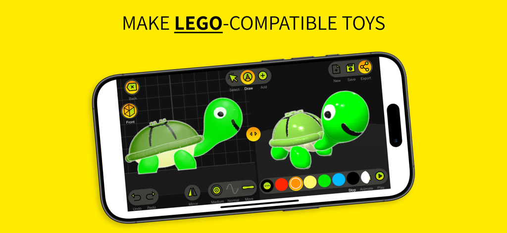 ToyCAD: Easiest 3D Drawing App - 등에 레고 호환 스터드가 있는 3D 거북이 장난감을 만들기 위해 ToyCAD 인터페이스를 사용하는 스마트폰 화면.