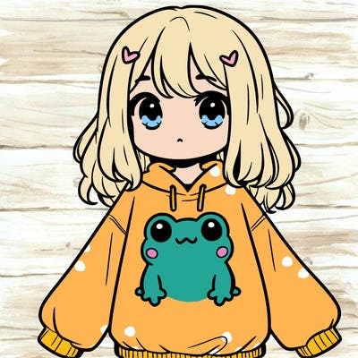 girl wearing frogging sweatshirt