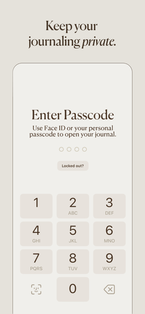5 Minute Journal・Daily Diary - Pantalla de seguridad para la aplicación Five Minute Journal con Face ID y entrada de código numérico para privacidad