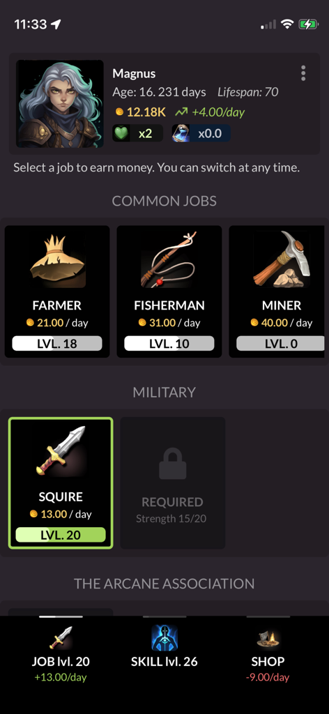 Progress Knight: Remastered - Progress Knight Remastered mobile game screen showing character stats and career options like farmer and squire