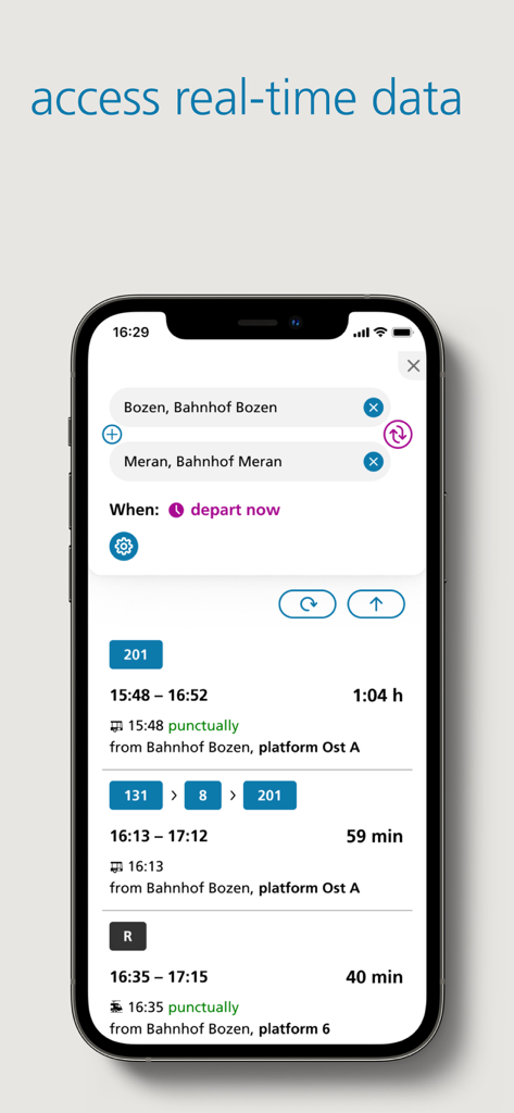 südtirolmobil - Smartphone mit Echtzeit-Bus- und Bahnfahrplänen mit Routenplanung auf der südtirolmobil App