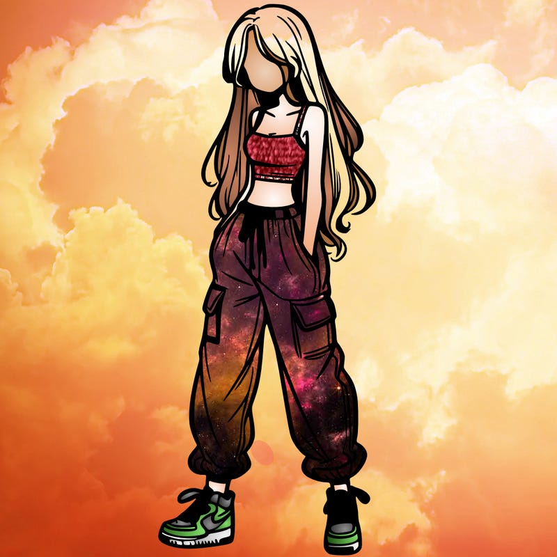 girl in baggy pants crop top and long hair