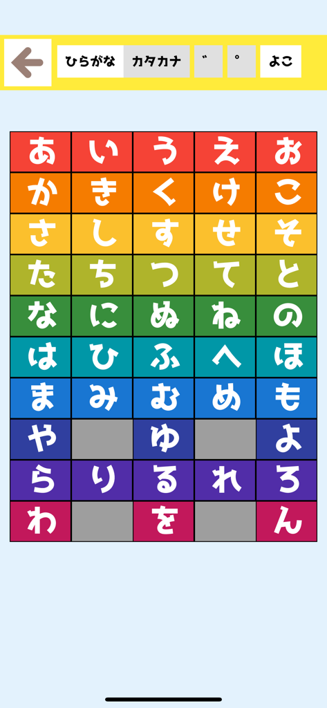 Japanese Hiragana Katakana - モバイル学習アプリで日本語ひらがな文字を表示するカラフルなグリッド