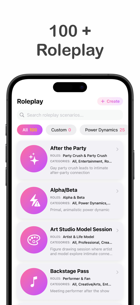 My Men - Gay AI Boyfriends - Mobile app interface showing a menu of over 100 gay AI roleplay scenarios including Alpha Beta and Art Studio Model Session