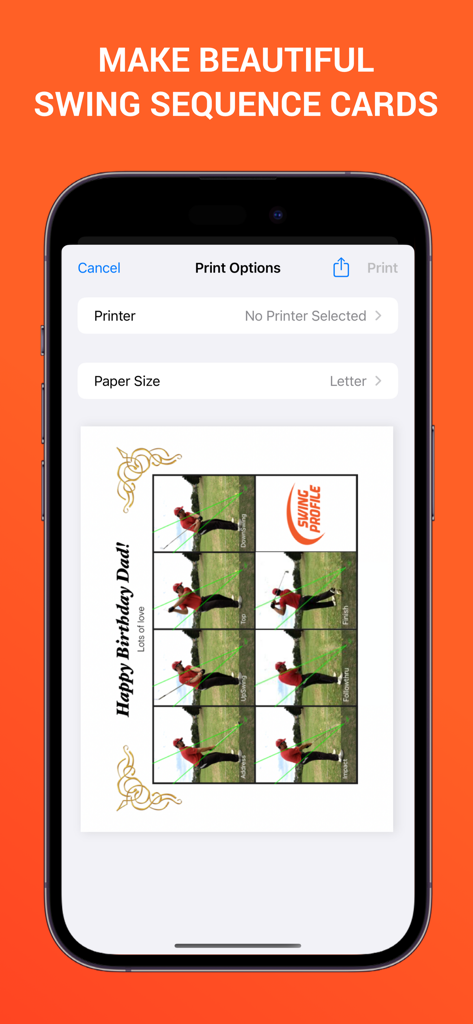 A mobile interface for printing a personalized golf swing sequence card with frames of a golfer's swing.