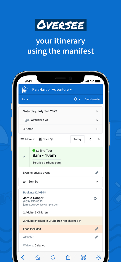 FareHarbor - FareHarbor app interface showing a tour manifest with sailing tour details and customer booking information