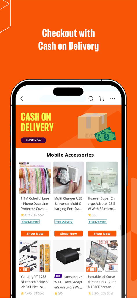 Daraz mobile app interface displaying the cash on delivery payment option and a catalog of mobile accessories.