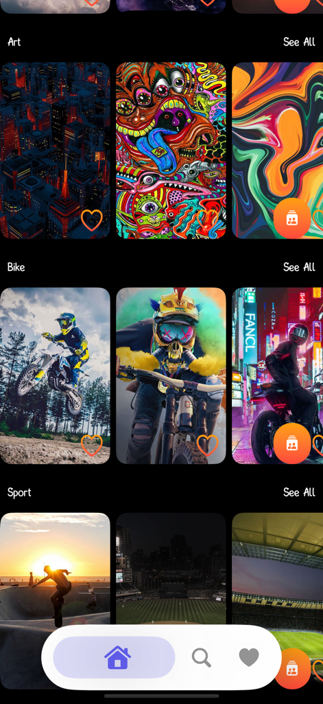Wallpapers HD: 4K Themes - Interfaz de aplicación móvil que muestra categorías de fondos de pantalla que incluyen Arte, Bicicleta y Deporte con coloridas vistas previas 4K.