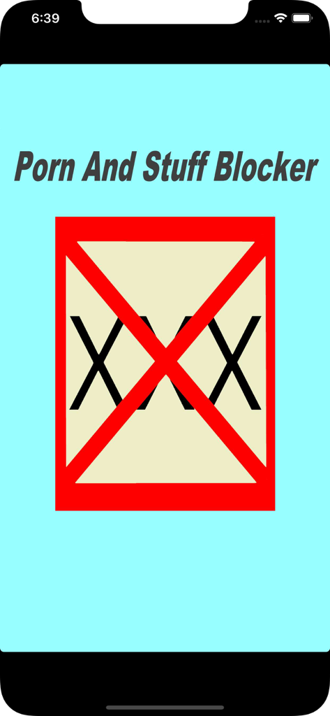 Porn And Stuff Blocker - A tela inicial do aplicativo Bloqueador de Pornografia e Conteúdo Indevido, apresentando seu título e um X vermelho sobre as letras XXX.