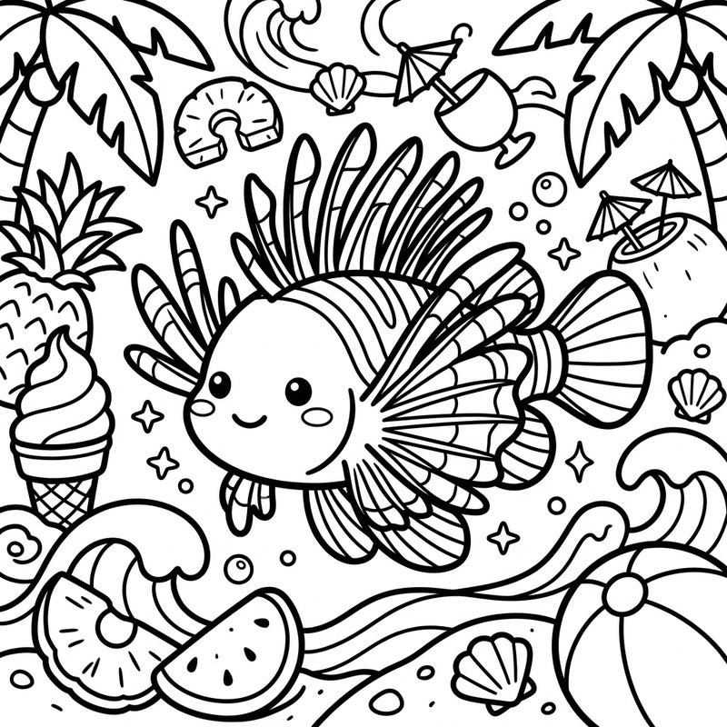 Float into a whimsical summer with this delightful Kawaii Lionfish coloring page. This charming design features an adorable lionfish surrounded by fun beach elements, perfect for a splash of creative relaxation.