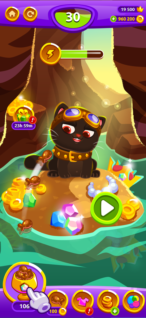 Bubbu Jewels - Merge Puzzle - Bubbu il gatto nero seduto su una pila di tesori con gioielli e monete d'oro in una grotta
