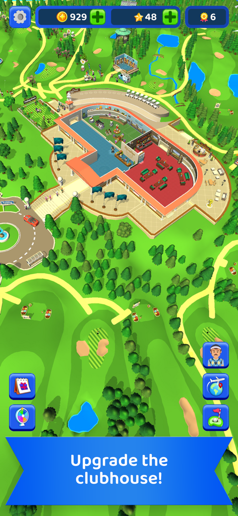 Idle Golf Club Manager Tycoon - Top-down view of a golf club and its central clubhouse with the call to action Upgrade the clubhouse