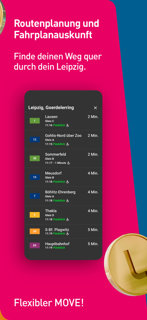 LeipzigMOVE App zeigt Echtzeit-Abfahrtszeiten und Routeninformationen für den öffentlichen Nahverkehr