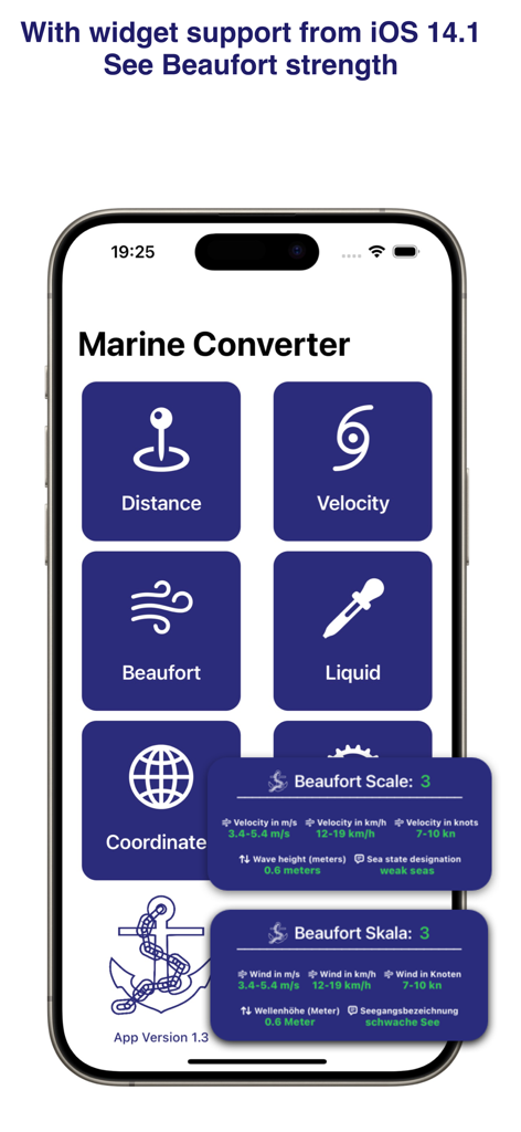 Marine Converter - Marine Converter app home screen on an iPhone showing nautical conversion categories and Beaufort scale widgets.