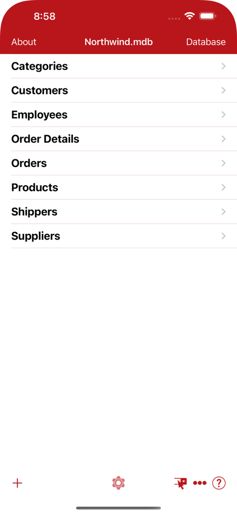 Mobile interface of Database Manager for MS Access displaying a list of tables from the Northwind database.