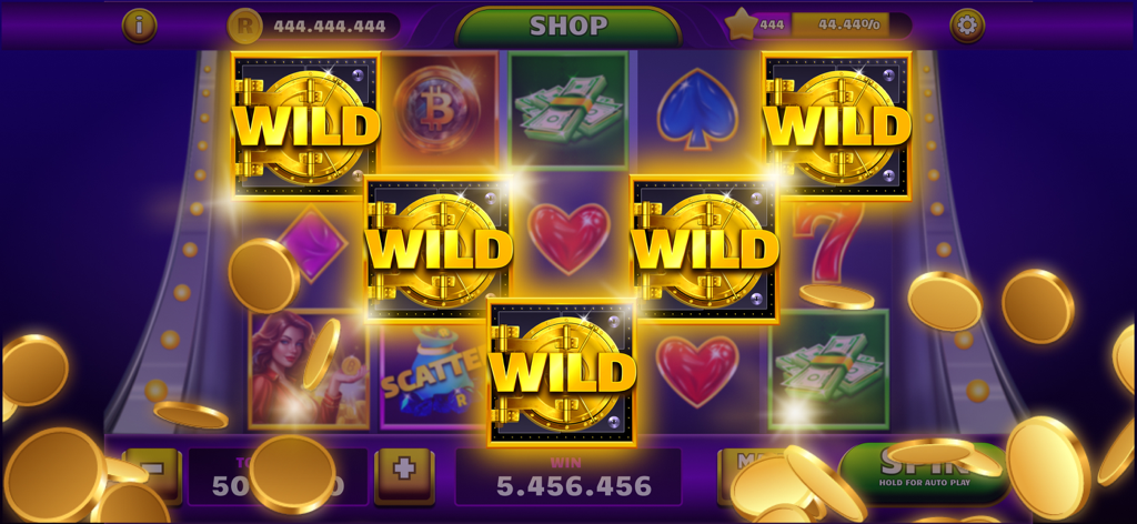 A big win screen in Mega Casino Fortune Slot featuring multiple golden wild symbols and falling gold coins.