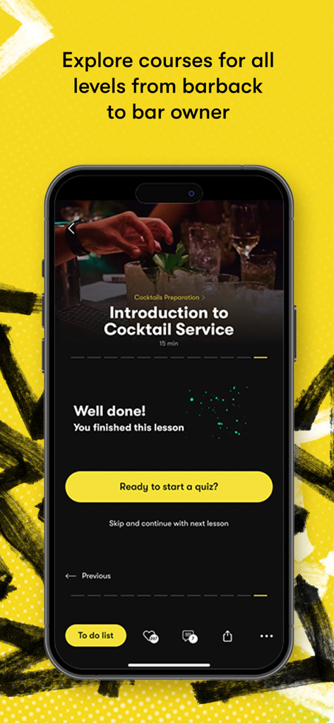 Freepour - For Pro Bartenders - A smartphone screen showing the completion of an introduction to cocktail service lesson in the Freepour app with a prompt to start a quiz.