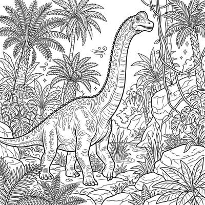 Step back in time with this detailed coloring page featuring a magnificent Brachiosaurus amidst its lush prehistoric habitat. This intricate scene offers endless opportunities to bring the ancient world to life with your favorite colors.