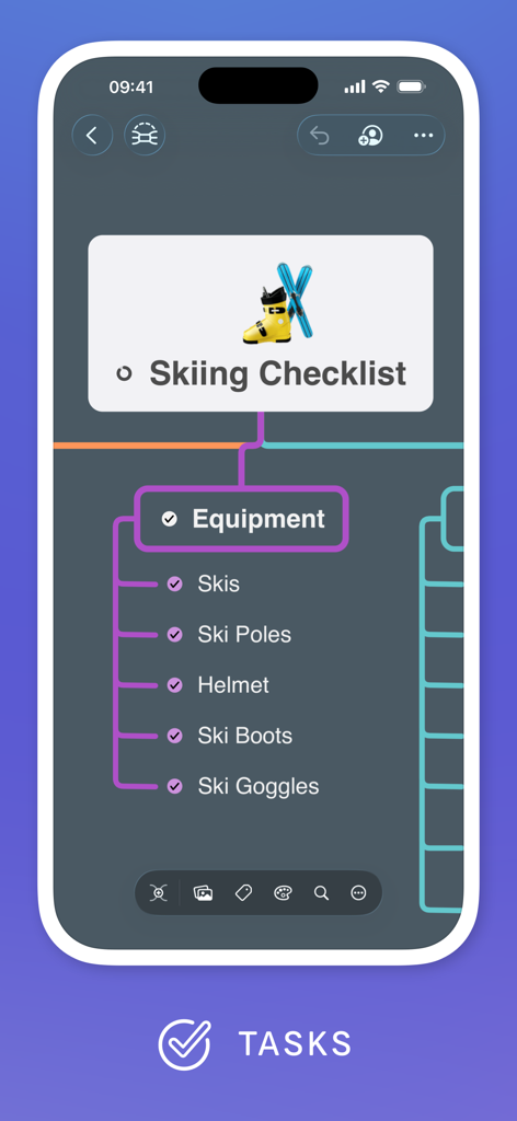 MindNode interface displaying a skiing checklist with completed tasks on a mind map.