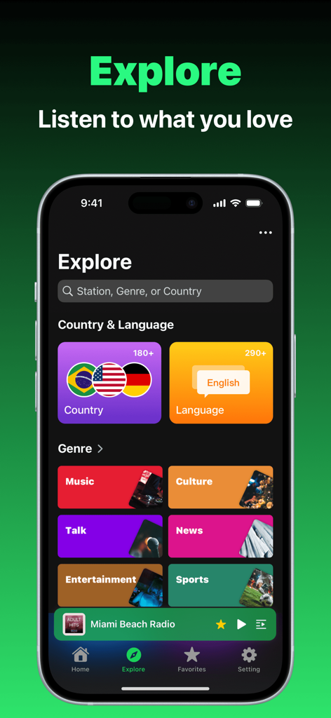 Écran d'exploration de l'application Radio FM montrant les options de recherche par pays, langue et divers genres, y compris musique, actualités et sports.