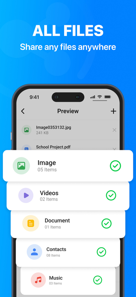 Share Me: File Transfer App - Eine Vorschauansicht der Share Me App, die ausgewählte Dateikategorien wie Bilder, Videos, Dokumente und Kontakte anzeigt, die zur Übertragung bereit sind.