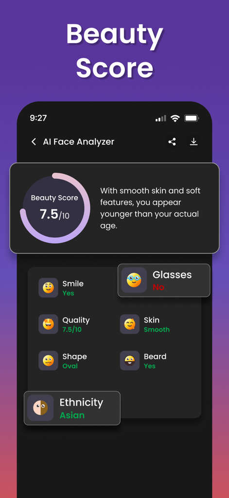 A mobile screen showing a beauty score of 7.5 out of 10 with detailed facial analysis metrics