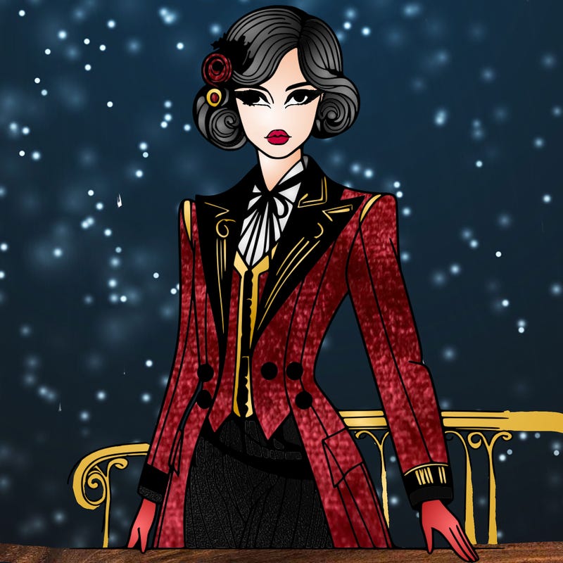 young woman catwalk model dressed in haute couture tailoring inspired by surrealism and art nouveau