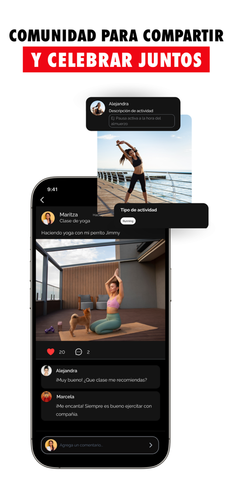 HANU Fit - Smartphone screen displaying the HANU Fit social community where users share fitness photos and interact in Spanish