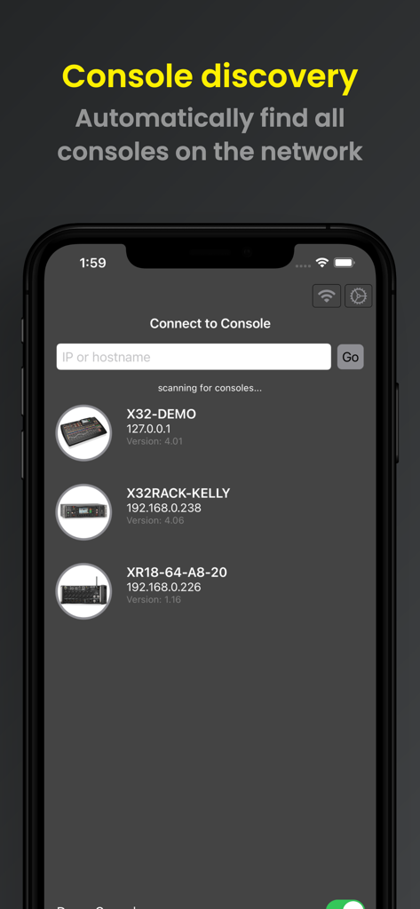 MXBus app interface showing automatic discovery of digital mixing consoles on a local network