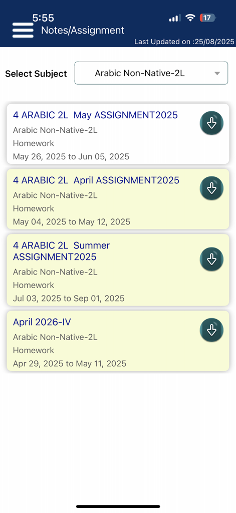 DPS MIS Doha - Screenshot of the Notes and Assignment section in the DPS MIS Doha app showing a list of homework for Arabic subject