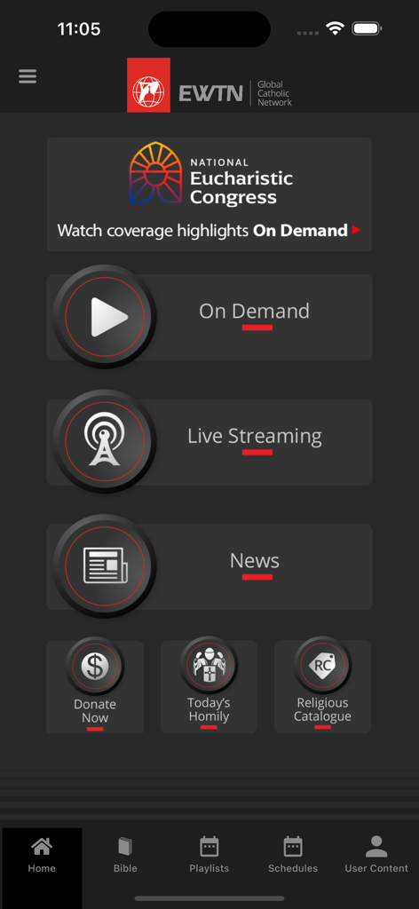 EWTN - EWTN 가톨릭 앱 홈 화면, 주문형 비디오 라이브 스트리밍 및 뉴스 섹션 포함