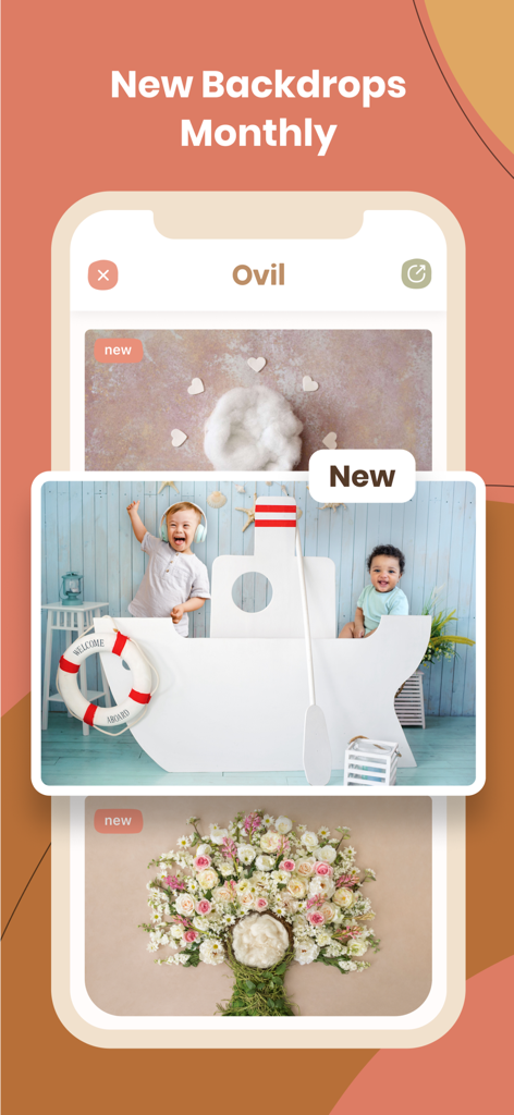 Interfaz de la aplicación Ovil que muestra una variedad de nuevos fondos mensuales para fotografía profesional de bebés.