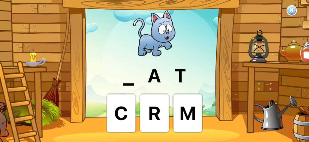 Educational spelling screen showing a cat and letter tiles to complete the word cat.
