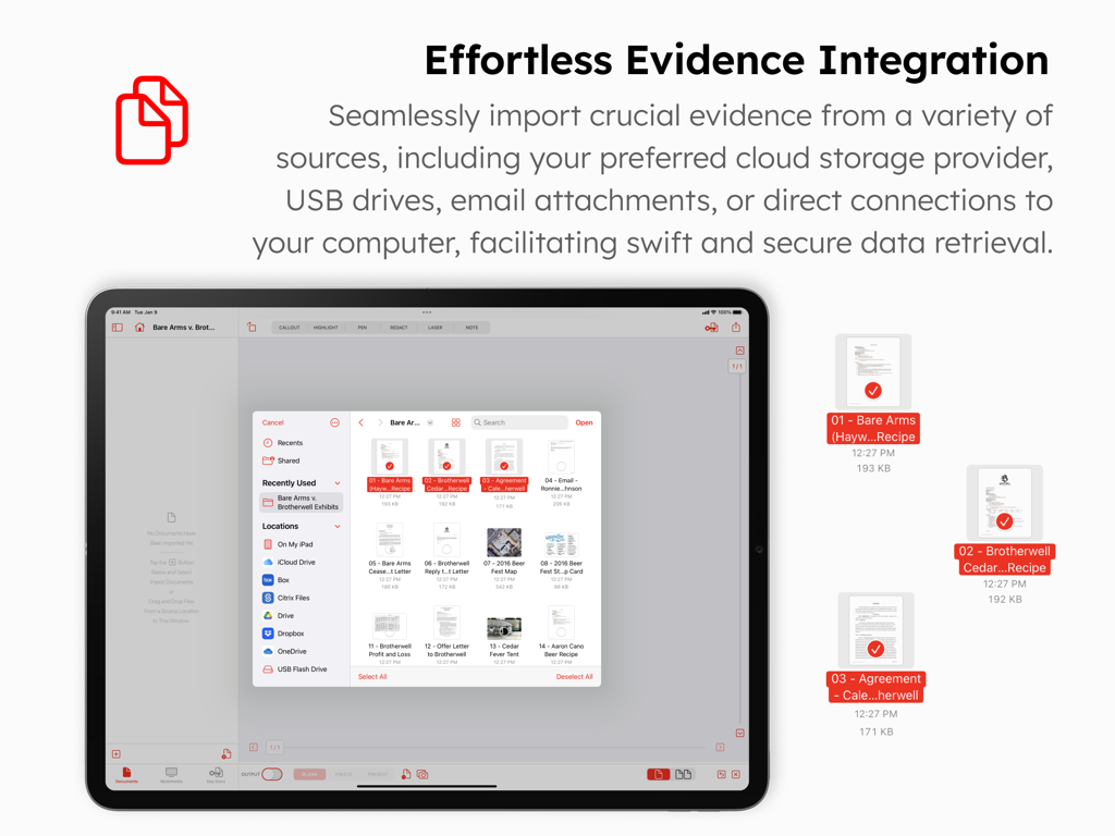 Interfaz de la aplicación TrialPad en un iPad mostrando opciones para importar pruebas desde almacenamiento en la nube y unidades USB.