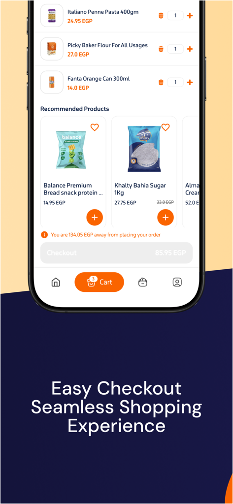 Kazyon Plus - A smartphone screen showing the Kazyon Plus app checkout process with grocery items like pasta and flour in the cart and a section for recommended products.
