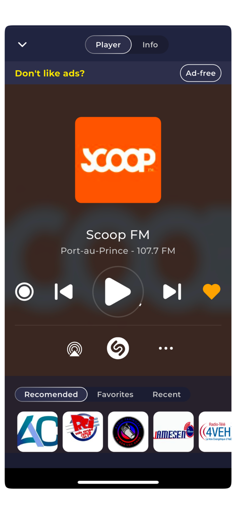 Radio Haiti app player screen showing Scoop FM broadcast and playback controls