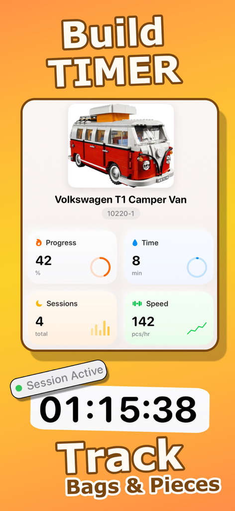 Lego build timer interface showing progress time and speed for a camper van set