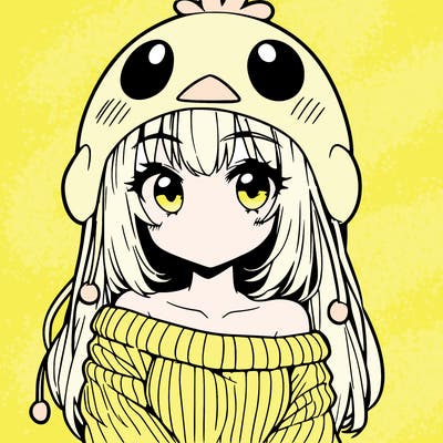 anime girl with chick shaped hat with sweater with bare shoulders with bangs covering them one eye with low tail