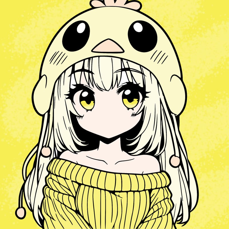 anime girl with chick shaped hat with sweater with bare shoulders with bangs covering them one eye with low tail