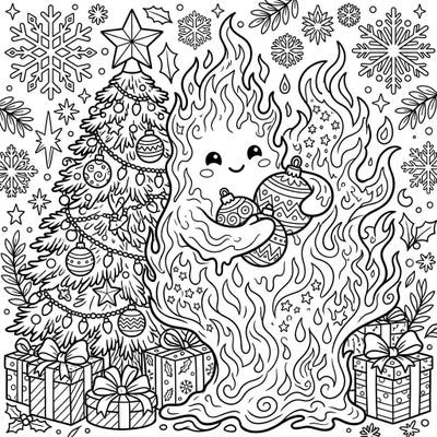 Bring warmth and whimsy to your holiday season with this adorable Fire Slime Christmas coloring page. Watch as this molten creature embraces the festive spirit, holding sparkling ornaments next to a beautifully decorated tree.