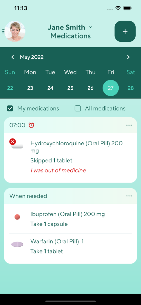 Medrec:M - MedrecM app medication tracker screen showing a daily pill schedule and calendar view for Jane Smith