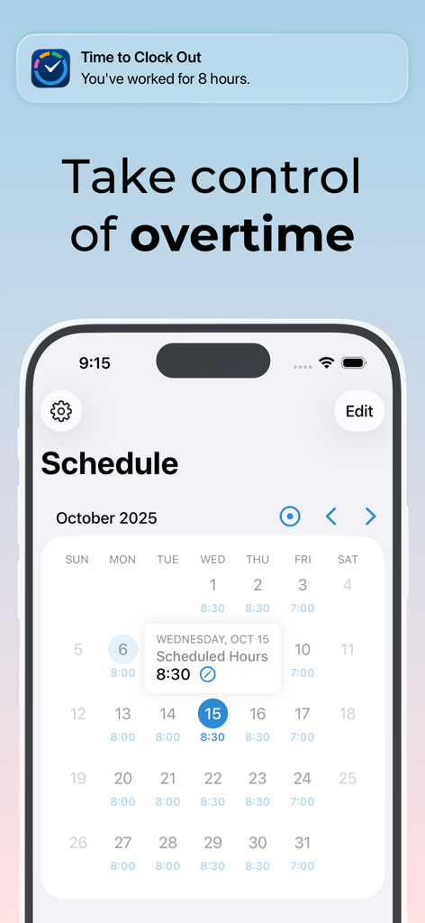 Clock in clock out: Flexishift - Flexishift app schedule interface displaying monthly work hours and an overtime clock out notification